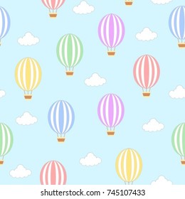 Seamless hot air balloon pattern with blue background