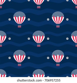 seamless hot air balloon with silver dot glitter pattern on blue stripe background