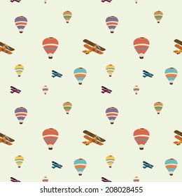 Seamless hot air balloon and vintage planes pattern