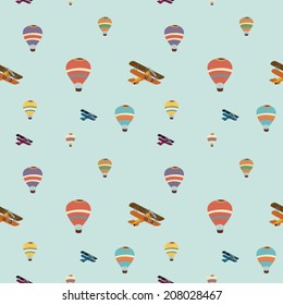 Seamless hot air balloon and vintage planes pattern