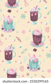 Seamless hot chocolate mug pattern, limited color palette, suitable for all types of printing.