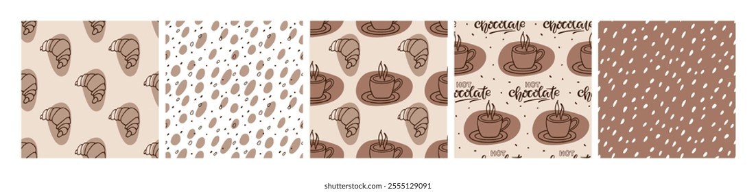 Seamless Hot Chocolate Pattern set in color of 2025. Hot chocolate cup, cocoa beans, abstract dots. Lineart vector illustration. Doodle food and drink backgrounds for wallpaper, wrapping, textile