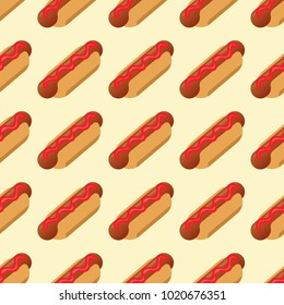 Seamless hot dog background. Fast food vector seamless pattern with buns and sausages