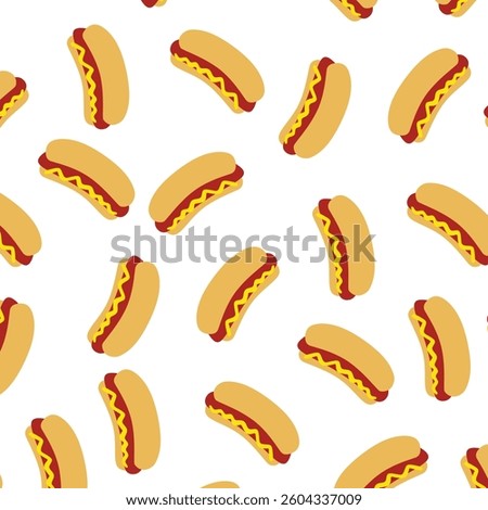 Seamless hot dog pattern. Fast food background. Seamless pattern fast food hot dog sandwich with steamed sausage garnished with mustard on a white background. Street food theme or cafe menu design