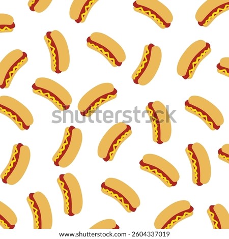 Seamless hot dog pattern. Fast food background. Seamless pattern fast food hot dog sandwich with steamed sausage garnished with mustard on a white background. Street food theme or cafe menu design