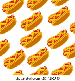 Seamless hot dog pattern on a white background.The vector pattern can be used in fast food designs,textiles.