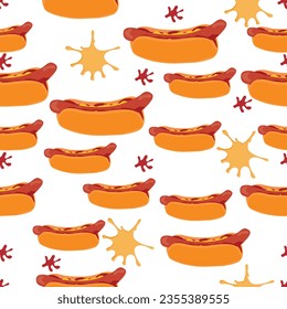 Patrón de perritos calientes sin foco con manchas de mostaza y ketchup; patrón ininterrumpido con muchos perritos calientes y manchas de ketchup y mostaza