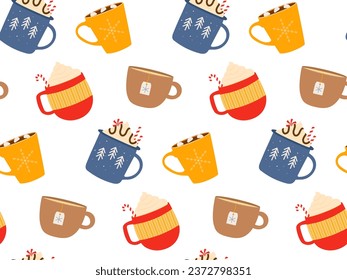 Seamless hot drinks pattern. Traditional autumn or winter drinks. Cups with drink variants. Vector flat repeated background for wallpaper, wrapping, packing, textile