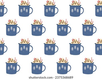 Seamless hot drinks pattern. Traditional autumn or winter drinks. Cups with drink variants. Vector flat repeated background for wallpaper, wrapping, packing, textile