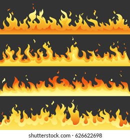 Seamless hot fire flame set, danger fire light collection isolated on black background. Vector red and yellow flame illustration eps10