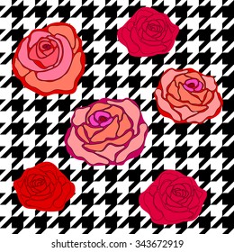 Seamless hounds tooth vector pattern with colorful vintage roses. Classical English checkered textile design. Red flowers on black and white print. Backgrounds & textures shop.