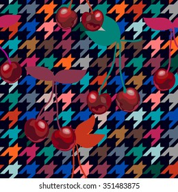 Seamless hounds tooth vector pattern with colorful vintage cherries. Classical English checkered textile design. Retro colors palette. Dark shadows. Backgrounds & textures shop.