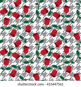 Seamless houndstooth pattern background with roses