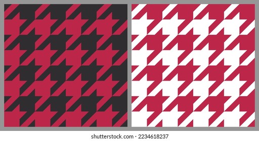 Nahtloser, houndstooth-Musterhintergrund. Trendfarbe des Jahres 2023 Viva Magenta. Design Texturelemente für Gewebe, Fliesen, Banner, Karte, Deckel, Poster, Hintergrund, Wand. Vektorgrafik.