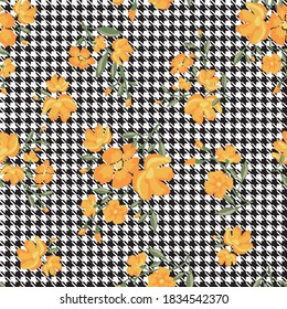 Seamless Houndstooth Pattern with Floral Print - Plaid Vector with Flowers for Textile Fabric