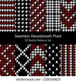 Seamless houndstooth pattern set in black, dark red, and white. Striped, diagonal, dot, zig zag dog tooth check plaid for textile design.