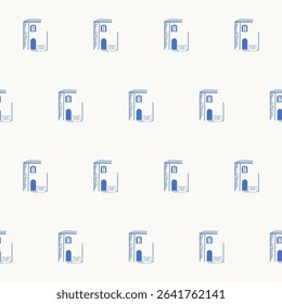 Seamless House Textile Print Pattern. Mediterranean Atmosphere. Travel and Vacation Rest Theme. Summer Resort Fabric Swatch Doodle Line Art Hand Crafted Decoration. Simple Sketch Outline Drawing.