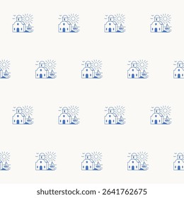 Seamless House Textile Print Pattern. Mediterranean Atmosphere. Travel and Vacation Rest Theme. Summer Resort Fabric Swatch Doodle Line Art Hand Crafted Decoration. Simple Sketch Outline Drawing.