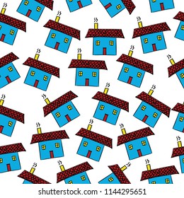seamless houses with a chimney, red roof and blue house with two windows and one door in an isolated white background