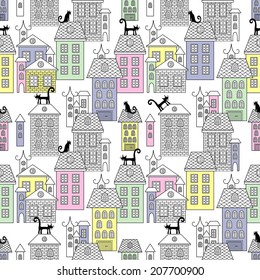 Seamless houses city theme vintage style illustration background pattern in vector. cats on roofs in cute town