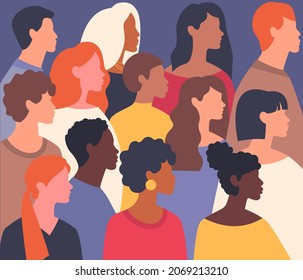 Seamless human pattern. Large number of characters in profile. Concept of equality, unity, tolerance. Crowd graphic for tshirt printing. Different people together. Cartoon flat vector illustration