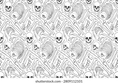Seamless Human Skeleton Pattern with Skulls and Bones on White Background