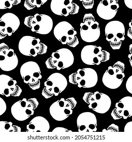 Seamless human skull background. Silhouettes of white skulls on a black background. Vector illustration for design and web.