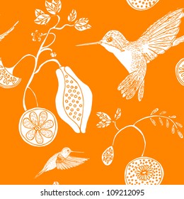 Seamless hummingbird and exotic fruit pattern