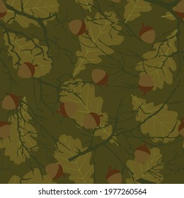 Seamless hunting camouflage pattern with branches, acorns, oak leaves. Print for clothes. Vector illustration.