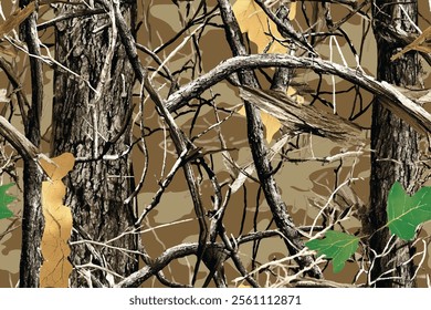 Seamless Hunting Camouflage Pattern with Realistic Tree Bark Textures and Layered Leaf Details for Forest and Outdoor Design Projects