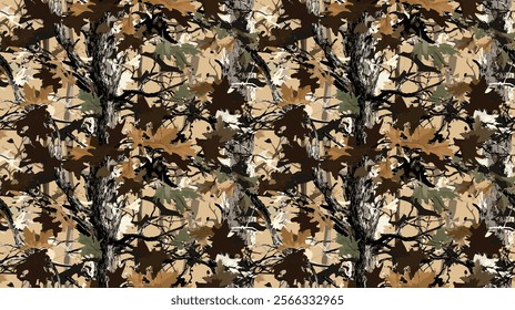 Seamless Hunting Camouflage Pattern with Realistic Tree Bark Textures and Layered Leaf Details for Forest and Outdoor Design Projects. Vector hunting camouflage background. Camo texture. Abstract