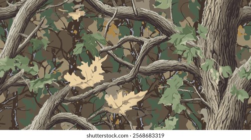 Seamless Hunting Camouflage Pattern with Realistic Tree Bark Textures and Layered Leaf Details for Forest and Outdoor Design Projects. Vector hunting camouflage background. Camo texture. Abstract