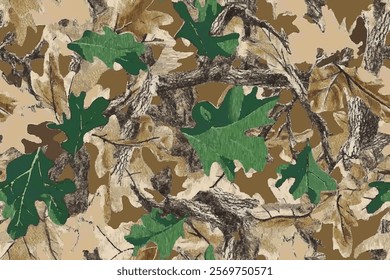 Seamless Hunting Camouflage Pattern with Realistic Tree Bark Textures and Layered Leaf Details for Forest and Outdoor Design Projects. Vector hunting camouflage background. Camo texture. Abstract