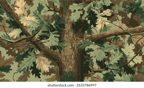 Seamless Hunting Camouflage Pattern with Realistic Tree Bark Textures and Layered Leaf Details for Forest and Outdoor Design Projects. Vector hunting camouflage background. Camo texture. Abstract