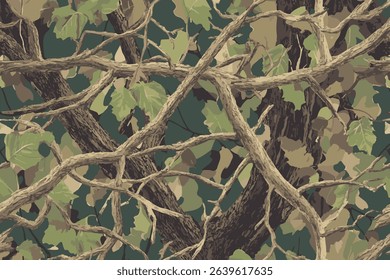 Seamless Hunting Camouflage Pattern with Realistic Tree Bark Textures and Layered Leaf Details for Forest and Outdoor Design Projects. Vector hunting camouflage background. Camo texture. Abstract 