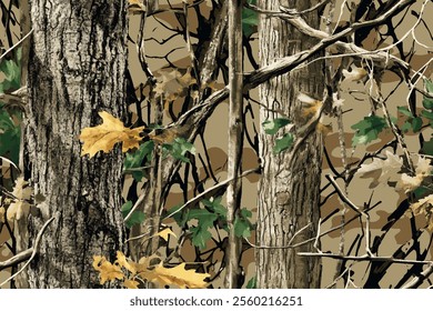 Seamless hunting camouflage pattern with tree bark and leaves in green and brown. Hunting camo. Digital camouflage pattern. Abstract camouflage