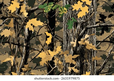 Seamless hunting camouflage pattern with tree bark and leaves in green and brown. Hunting camo. Digital camouflage pattern. Abstract camouflage
