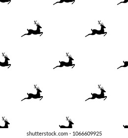 seamless hunting pattern with  black silhouette of jumping deer with antlers. vector flat north ornament on white background. Black stag. Christmas or new year winter texture.