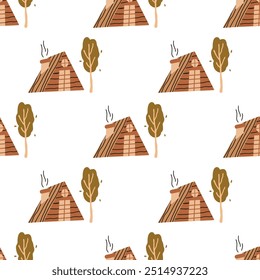 seamless hut and tree pattern - forest house