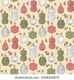 Seamless hygge pattern with decorative candles in various shapes, green, pink and white on beige background. Vector hand drawn illustration with contour drawings. Perfect for food related designs