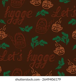 Seamless Hygge Pattern with Teapots, Cups, and Fir Branches on Brown Background