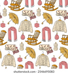 Seamless hygge vector pattern with cozy elements like rocking chair, sweater, scarf, umbrella in soft tones. Perfect for textiles, wallpapers, and autumn or winter designs. Hand drawn illustration