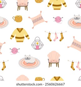 seamless hygge vector pattern with cozy elements like armchair, sweater, lantern with candle, cat on rug and socks, perfect for textiles, wallpapers and autumn or winter designs