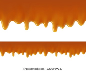 Seamless hyper realistic melted caramel drips. Vector illustration isolated on white background. Сan easily be used for different backgrounds. Great for your design. EPS10.