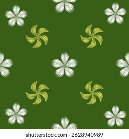 Seamless icat fabric pattern on a green background with white floral icat patterns