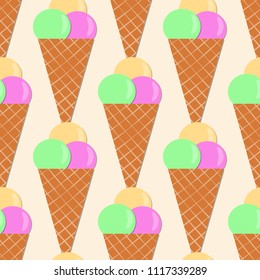 seamless ice cream background with three balls in waffle cone