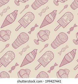 Seamless ice cream and candy background pattern in vector