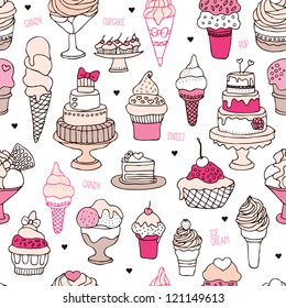 Seamless ice cream and candy cake background pattern in vector