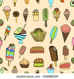 Seamless ice cream and candy cake background pattern in vector
