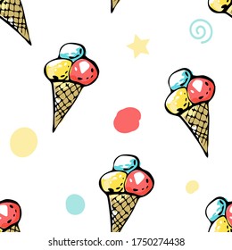 Seamless ice cream in cone doodle pattern. Isolated and hand drawn cartoon illustration. For digital design, banners, postcards, prints, decor. Food texture, dessert backdrop. Summer sweets. Wallpaper